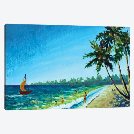 Beautiful Summer Sea Azure Ocean Shore With Palm Trees, Bathing Travelers People Swimming And Sailboat Canvas Print #VRY1128} by Valery Rybakow Canvas Wall Art