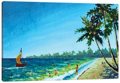 Beautiful Summer Sea Azure Ocean Shore With Palm Trees, Bathing Travelers People Swimming And Sailboat Canvas Art Print - Valery Rybakow