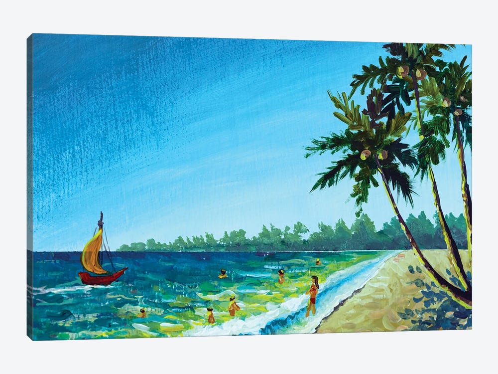 Beautiful Summer Sea Azure Ocean Shore With Palm Trees, Bathing Travelers People Swimming And Sailboat by Valery Rybakow 1-piece Art Print