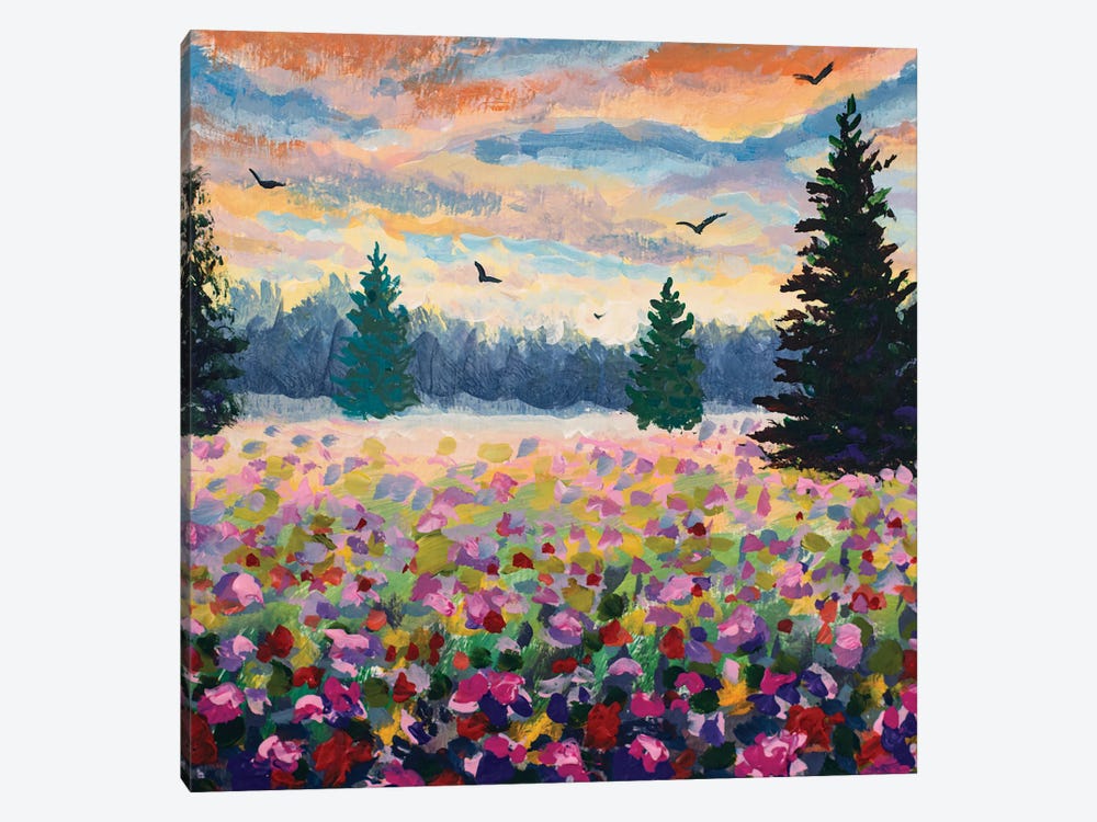 Landscape Glade Of Purple Flowers In The Forest Illustration by Valery Rybakow 1-piece Canvas Artwork