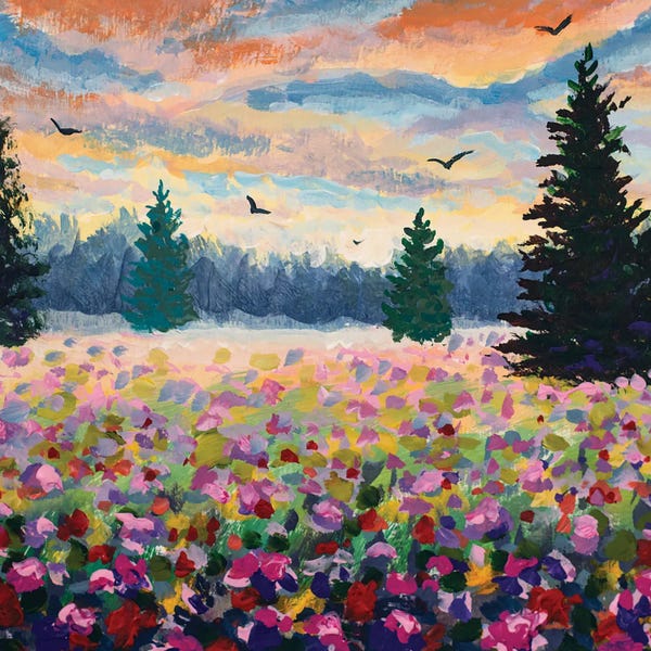 Pine Trees: Landscape Glade Of Purple Flowers In The Forest Illustration by Valery Rybakow