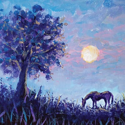 A Horse On The Background Of A Frosty Morning Landscape With A Purple Tree And Warm Sun by Valery Rybakow canvas print