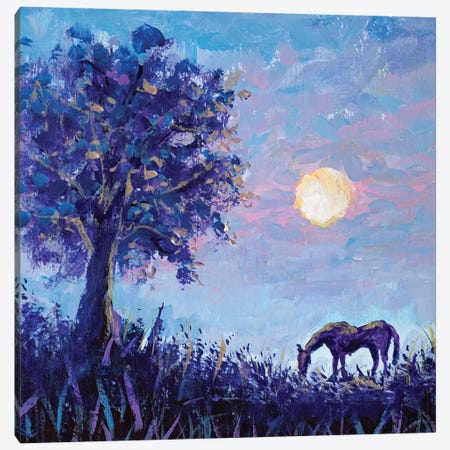 A Horse On The Background Of A Frosty Morning Landscape With A Purple Tree And Warm Sun Canvas Print #VRY1130} by Valery Rybakow Art Print