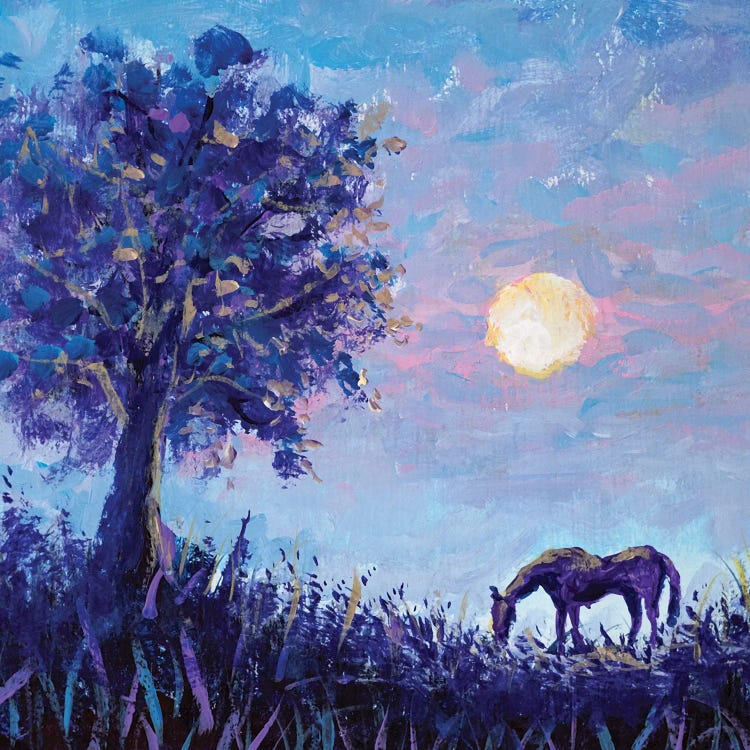 A Horse On The Background Of A Frosty Morning Landscape With A Purple Tree And Warm Sun