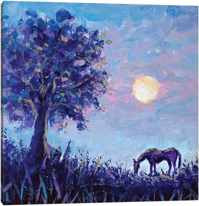 A Horse On The Background Of A Frosty Morning Landscape With A Purple Tree And Warm Sun Canvas Art Print - Valery Rybakow