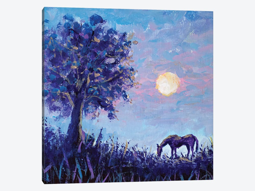 A Horse On The Background Of A Frosty Morning Landscape With A Purple Tree And Warm Sun by Valery Rybakow 1-piece Canvas Wall Art