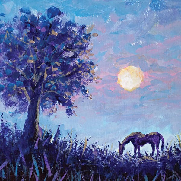 A Horse On The Background Of A Frosty Morning Landscape With A Purple Tree And Warm Sun