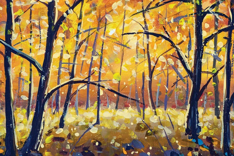 Sunny Autumn Gold Forest Trees In Orange Wood