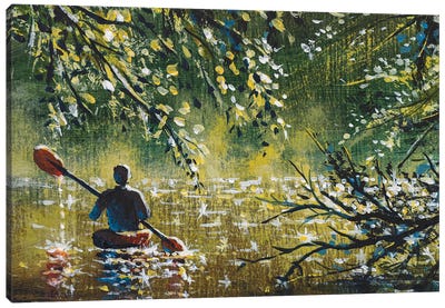 Man Canoeing On Sunny Brown River Among Trees Canvas Art Print - Rowboat Art