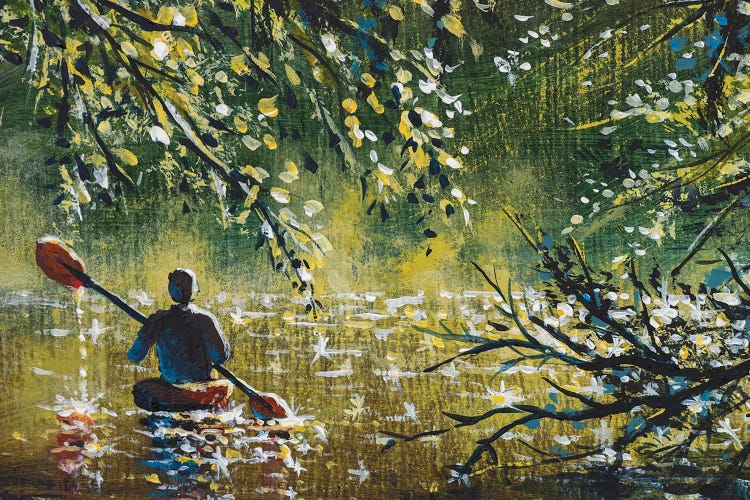 Man Canoeing On Sunny Brown River Among Trees