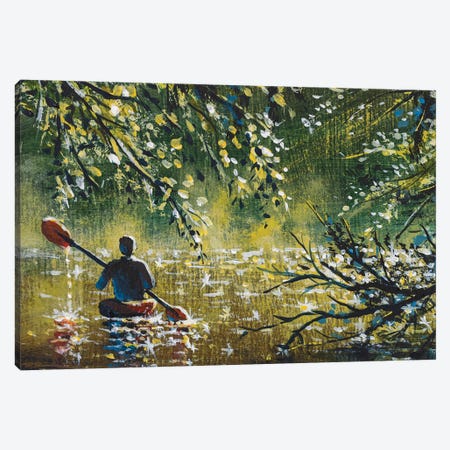 Man Canoeing On Sunny Brown River Among Trees Canvas Print #VRY1135} by Valery Rybakow Canvas Art