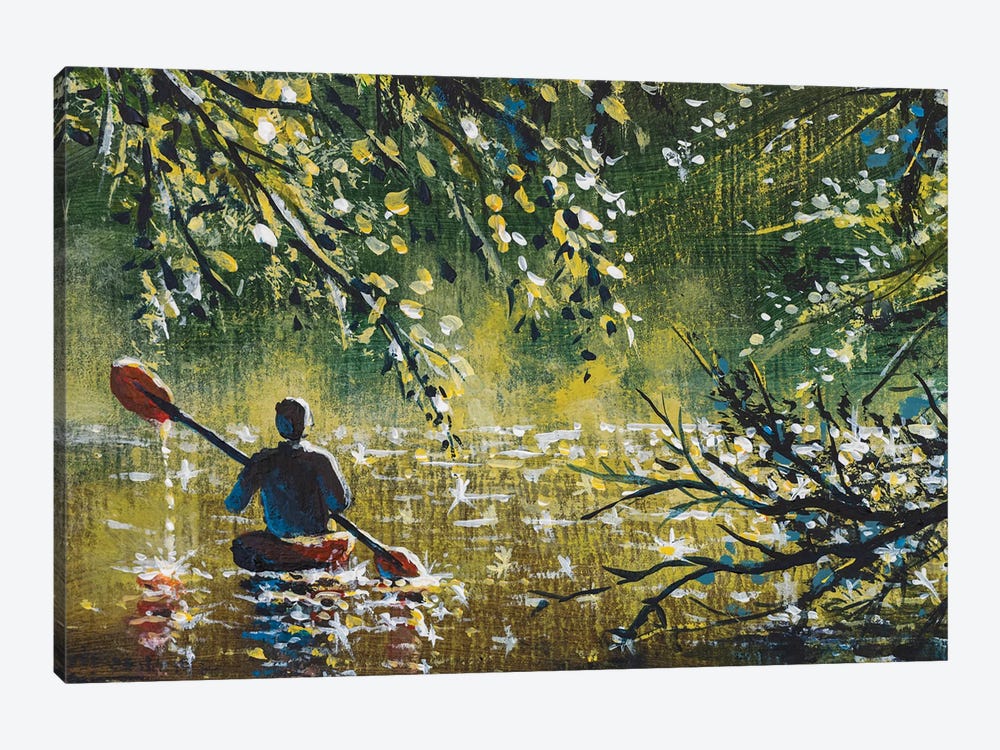 Man Canoeing On Sunny Brown River Among Trees by Valery Rybakow 1-piece Canvas Art Print