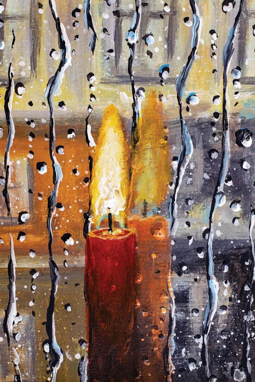 Burning Candle At The Rainy Window