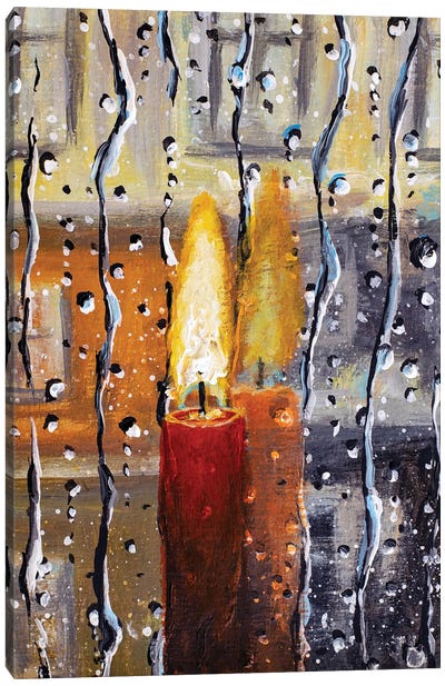Burning Candle At The Rainy Window Canvas Art Print - Valery Rybakow