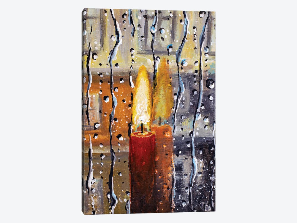 Burning Candle At The Rainy Window by Valery Rybakow 1-piece Canvas Wall Art