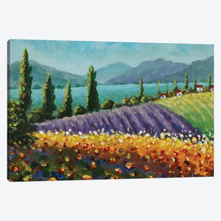 Violet Blue Lavender Field, A Yellow Sun Flower Sunflowers, White Houses With Red Roofs Canvas Print #VRY1147} by Valery Rybakow Canvas Art Print