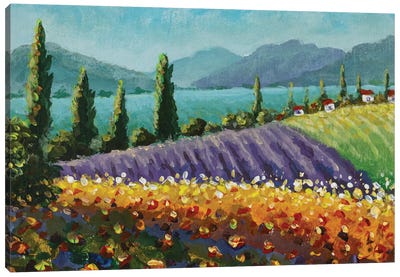 Violet Blue Lavender Field, A Yellow Sun Flower Sunflowers, White Houses With Red Roofs Canvas Art Print - Valery Rybakow
