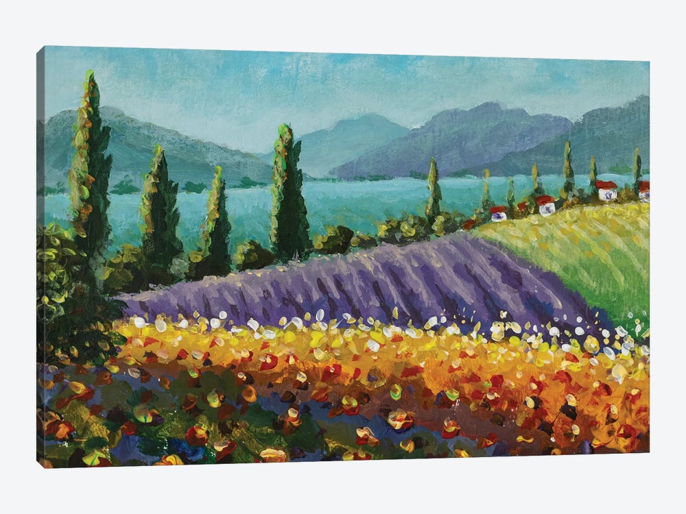 Violet Blue Lavender Field, A Yellow Sun Flower Sunflowers, White Houses With Red Roofs by Valery Rybakow 1-piece Canvas Artwork