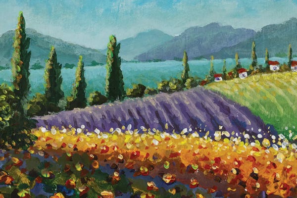Lavender: Violet Blue Lavender Field, A Yellow Sun Flower Sunflowers, White Houses With Red Roofs by Valery Rybakow