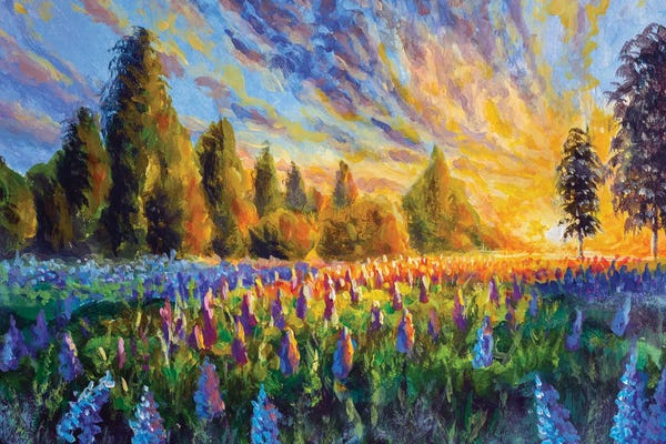 Valery Rybakow: Flower Landscape Illustration Purple Lupines Wildflowers by Valery Rybakow