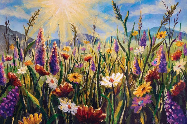 Wildflowers: Beautiful Field Flowers White Yellow Daisies, Purple Lupine Flowers And Tall Mountain Grasses In The Sunshine by Valery Rybakow
