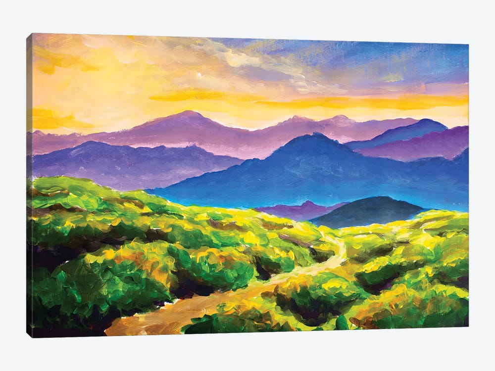 Painting Road Road In The Mountains Among Beautiful Fields Of Wildflowers by Valery Rybakow 1-piece Canvas Wall Art