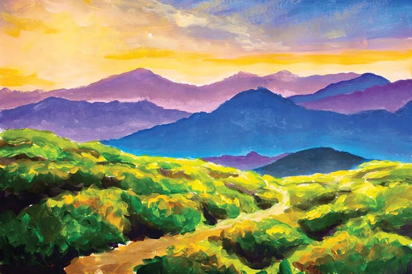 Valery Rybakow: Painting Road Road In The Mountains Among Beautiful Fields Of Wildflowers by Valery Rybakow