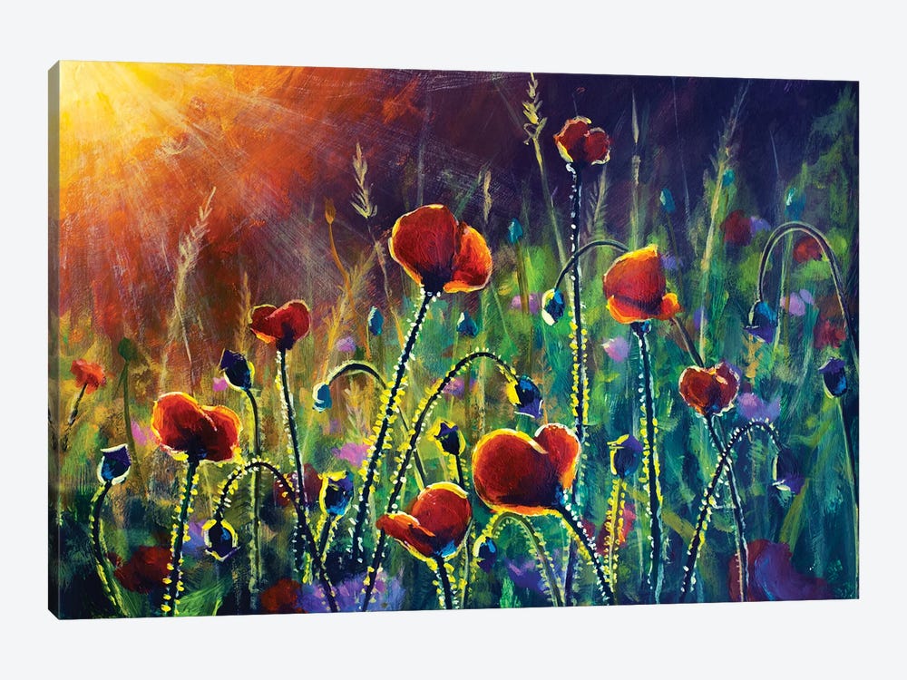 Red Poppies In The Rays Flowers Painting by Valery Rybakow 1-piece Canvas Artwork