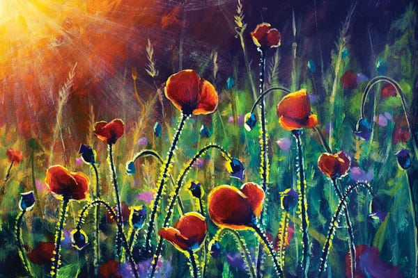 Large Art for Bedroom - Canvas Prints: Red Poppies In The Rays Flowers Painting by Valery Rybakow