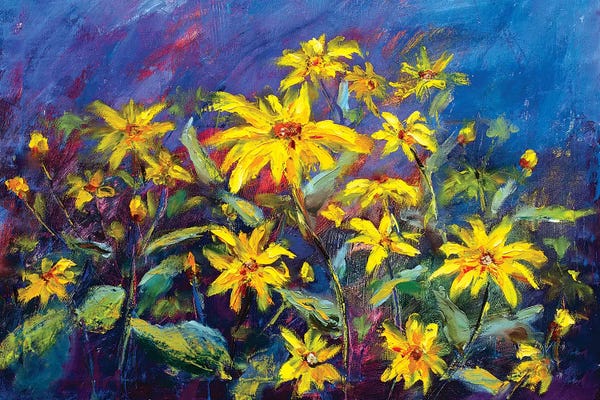 Valery Rybakow: Yellow Flowers On Blue by Valery Rybakow