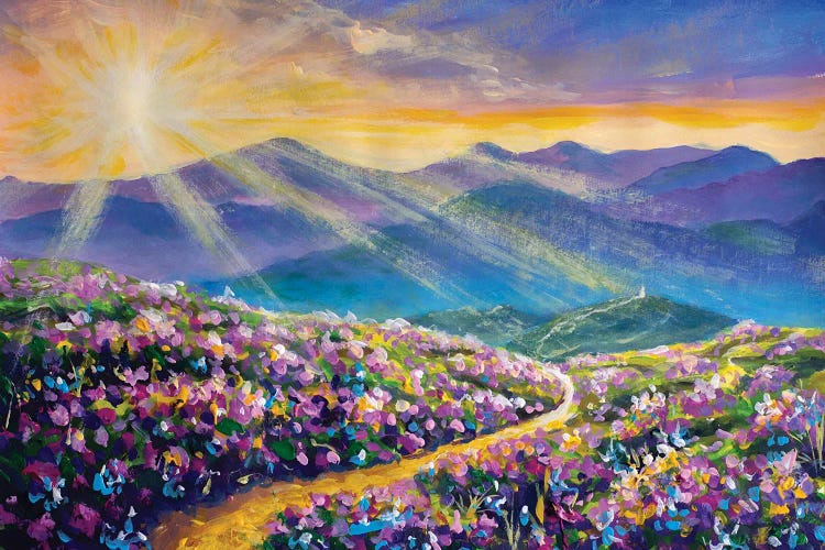 Painting Road Road In The Mountains Among Beautiful Fields Of Wildflowers Vivid Landscape