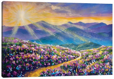 Painting Road Road In The Mountains Among Beautiful Fields Of Wildflowers Vivid Landscape Canvas Art Print - Valery Rybakow
