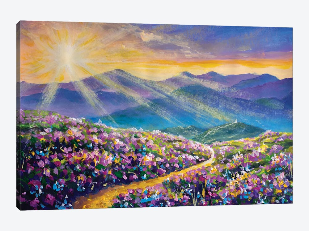 Painting Road Road In The Mountains Among Beautiful Fields Of Wildflowers Vivid Landscape by Valery Rybakow 1-piece Canvas Print