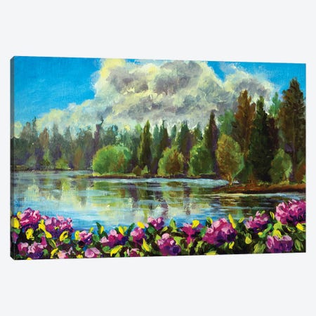 Acrylic Painting Of Purple Flowers Against The Background Of A Lake In The Forest, A Natural Landscape Canvas Print #VRY1214} by Valery Rybakow Art Print