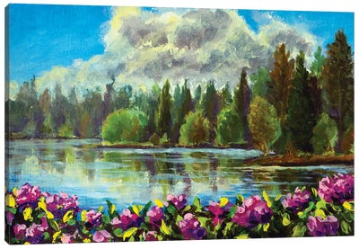 Acrylic Painting Of Purple Flowers Against The Background Of A Lake In The Forest, A Natural Landscape Canvas Art Print - Valery Rybakow