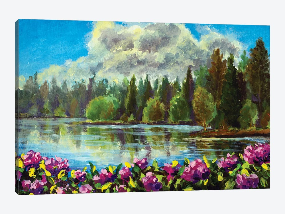 Acrylic Painting Of Purple Flowers Against The Background Of A Lake In The Forest, A Natural Landscape by Valery Rybakow 1-piece Canvas Artwork