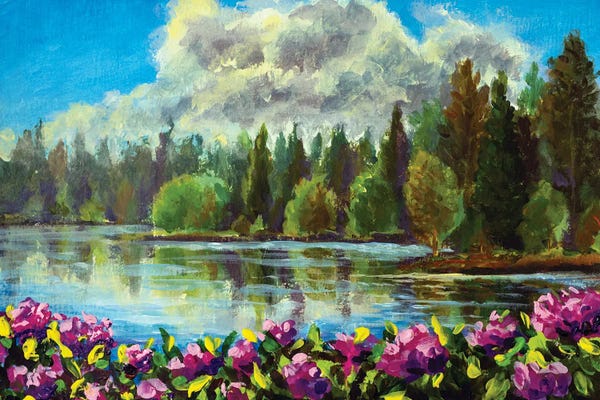 Valery Rybakow: Acrylic Painting Of Purple Flowers Against The Background Of A Lake In The Forest, A Natural Landscape by Valery Rybakow