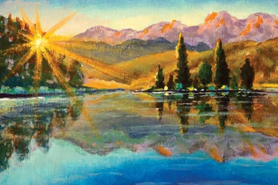 Dawn In The Mountains By The Lake Rural River Sunny Morning Landscape Hand Painting by Valery Rybakow framed wall art