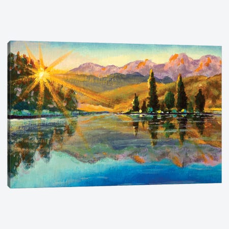 Dawn In The Mountains By The Lake Rural River Sunny Morning Landscape Hand Painting Canvas Print #VRY1219} by Valery Rybakow Canvas Wall Art