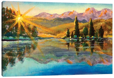 Dawn In The Mountains By The Lake Rural River Sunny Morning Landscape Hand Painting Canvas Art Print - Valery Rybakow