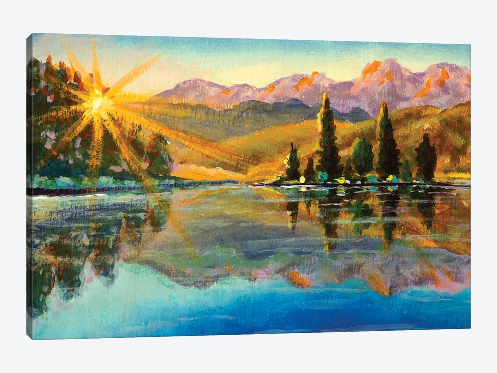 Dawn In The Mountains By The Lake Rural River Sunny Morning Landscape Hand Painting by Valery Rybakow 1-piece Art Print