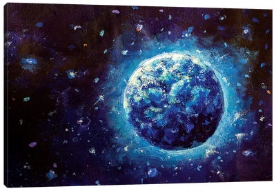 Blue Planet Earth In Space Canvas Art Print - Sci-Fi Planet Art