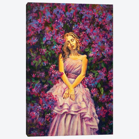 Dreaming Sleeping Girl Woman In A Long Dress Among Background Pink Purple Lilac Flowers Canvas Print #VRY1226} by Valery Rybakow Canvas Art