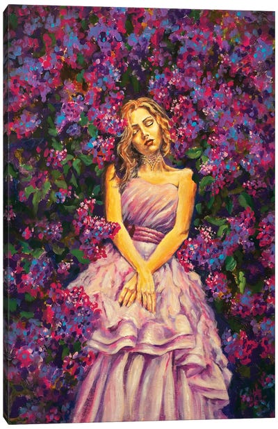 Dreaming Sleeping Girl Woman In A Long Dress Among Background Pink Purple Lilac Flowers Canvas Art Print - Lilac Art
