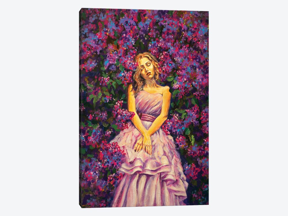 Dreaming Sleeping Girl Woman In A Long Dress Among Background Pink Purple Lilac Flowers by Valery Rybakow 1-piece Art Print