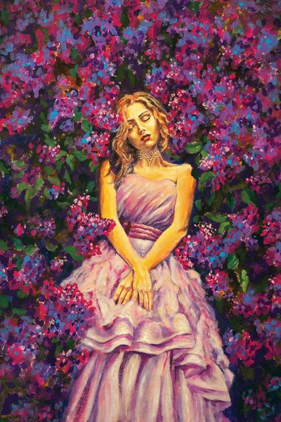 Lilacs: Dreaming Sleeping Girl Woman In A Long Dress Among Background Pink Purple Lilac Flowers by Valery Rybakow