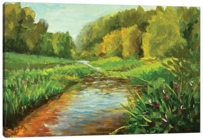 Painting River And Bushes Along The Banks Canvas Art Print - Green Art