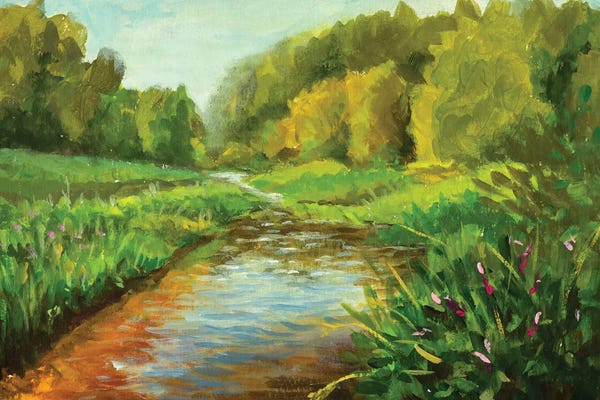 Valery Rybakow: Painting River And Bushes Along The Banks by Valery Rybakow