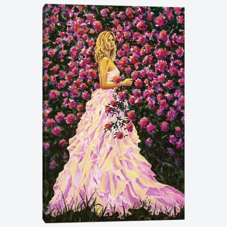 Beautiful Woman Girl In Pink Purple Flowers Roses Artwork Contemporary Fine Art Canvas Print #VRY1244} by Valery Rybakow Canvas Artwork