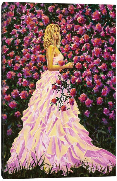 Beautiful Woman Girl In Pink Purple Flowers Roses Artwork Contemporary Fine Art Canvas Art Print - Valery Rybakow